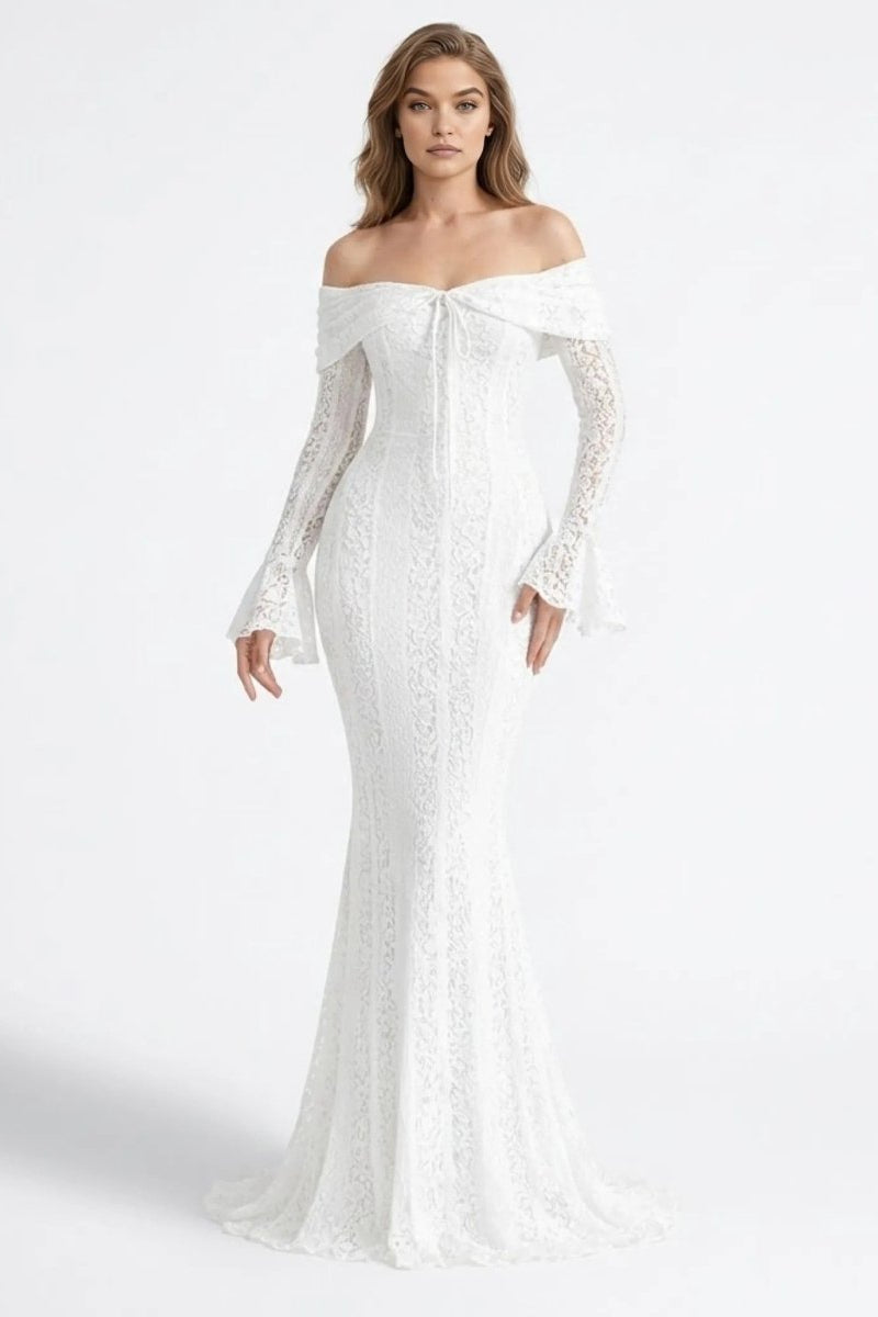 Full length front view of a model wearing the Ondora Glezellia white lace mermaid evening gown with an off-the-shoulder neckline.