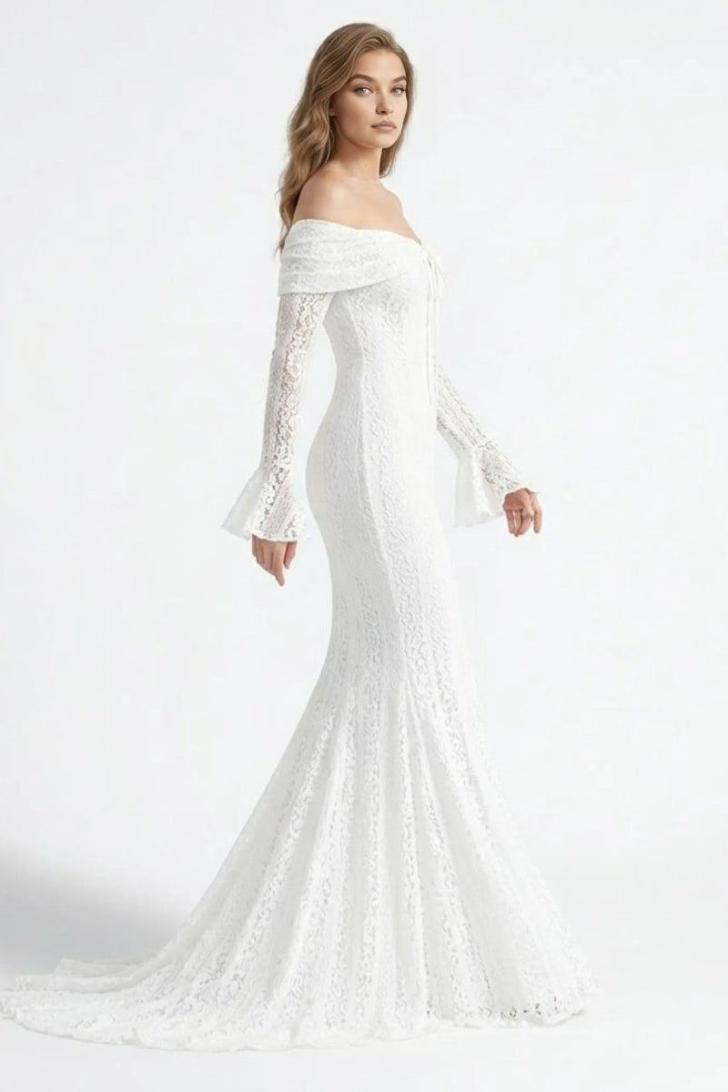 Side profile of a model highlighting the curve-hugging mermaid fit of the Ondora Glezellia white lace formal dress.