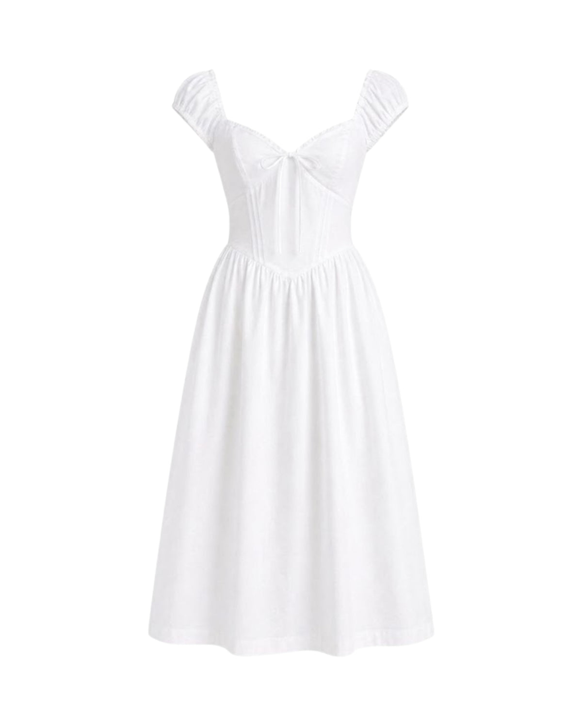 Flat lay product shot of Ondara white pinstripe floral embroidered corset midi dress highlighting sweetheart neckline.