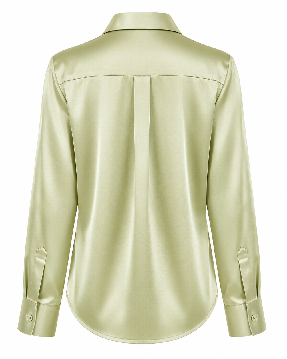 A light sage green satin long-sleeve blouse shown from the back, featuring a center back pleat and buttoned cuffs, set against a plain white background.