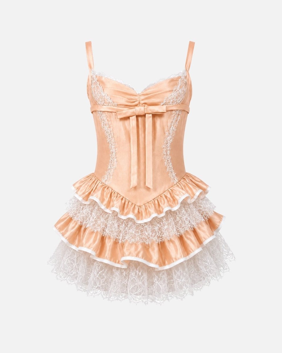 Detailed flatlay of the Ondara Apricot Satin Corset Mini Dress, emphasizing the high-quality satin fabric and intricate cottagecore lace details.