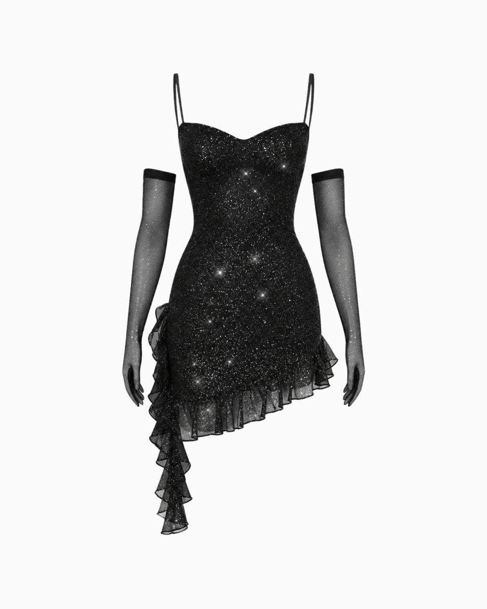 Ghost mannequin front view of the Ondara black glitter asymmetrical ruffle dress with detached sheer gloves.