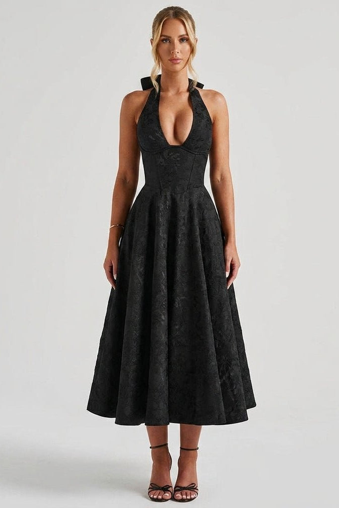 Front view of the black floral jacquard halter corset midi dress by Ondara, featuring a plunging neckline and flared A-line skirt.