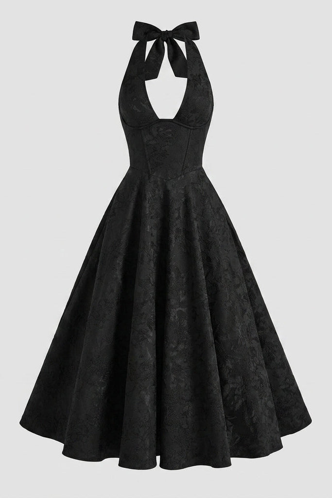 Front ghost mannequin view of the black jacquard party dress, highlighting the structured corset and voluminous midi skirt.