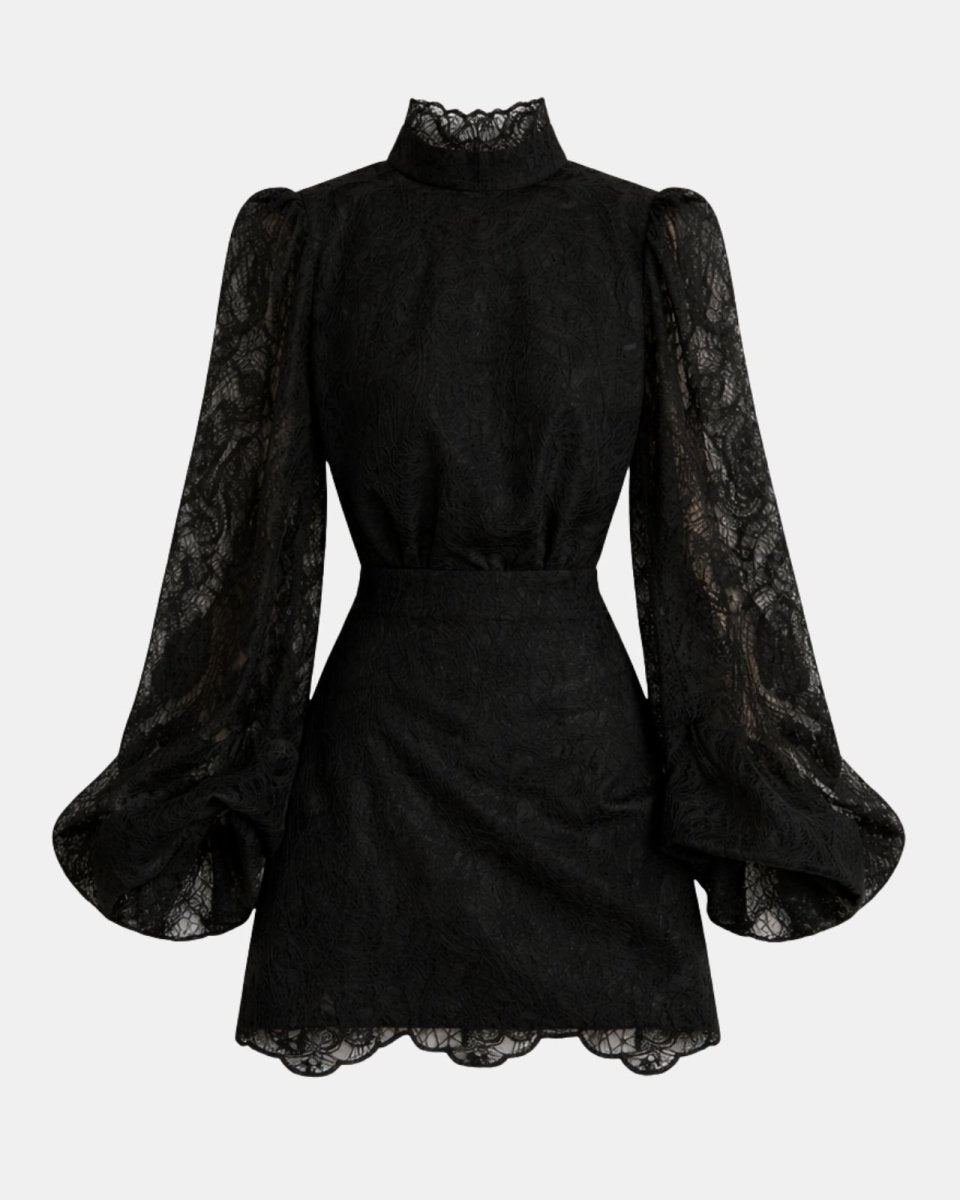 Black lace dress with long sleeves on a white background