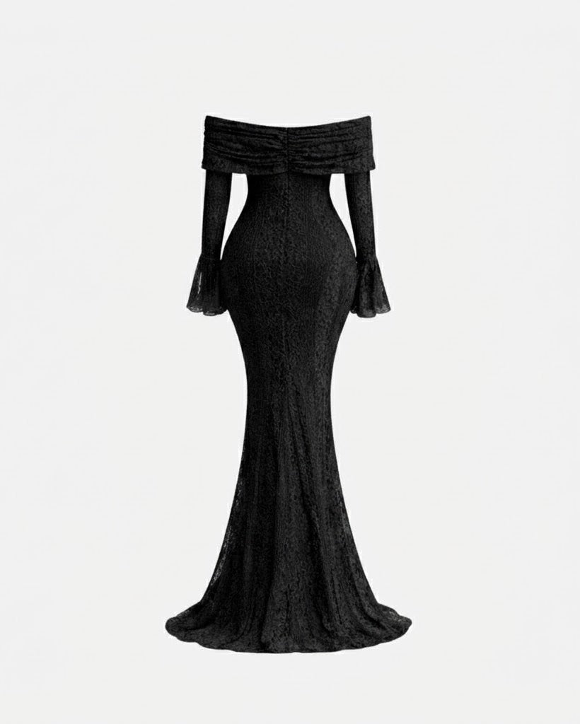 A black off-the-shoulder mermaid gown with long flared sleeves and a fitted silhouette, shown against a plain light gray background.