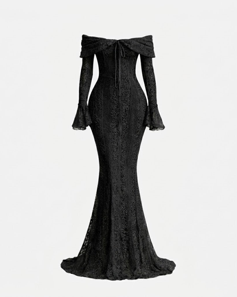A black off-the-shoulder lace gown with long flared sleeves, a fitted silhouette, and a slight train, shown against a plain light gray background.