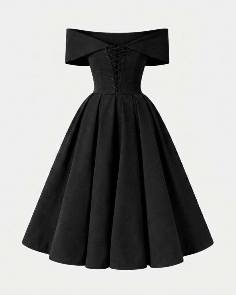 A black off-the-shoulder dress with a structured corset-style bodice, lace-up front, and full flared skirt, shown on a plain light gray background.