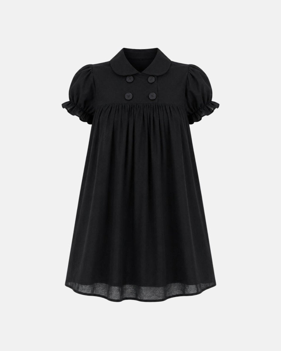 Ghost mannequin studio shot of the Ondara black puff sleeve babydoll mini dress highlighting the tailored Peter Pan collar and gathered empire waist.