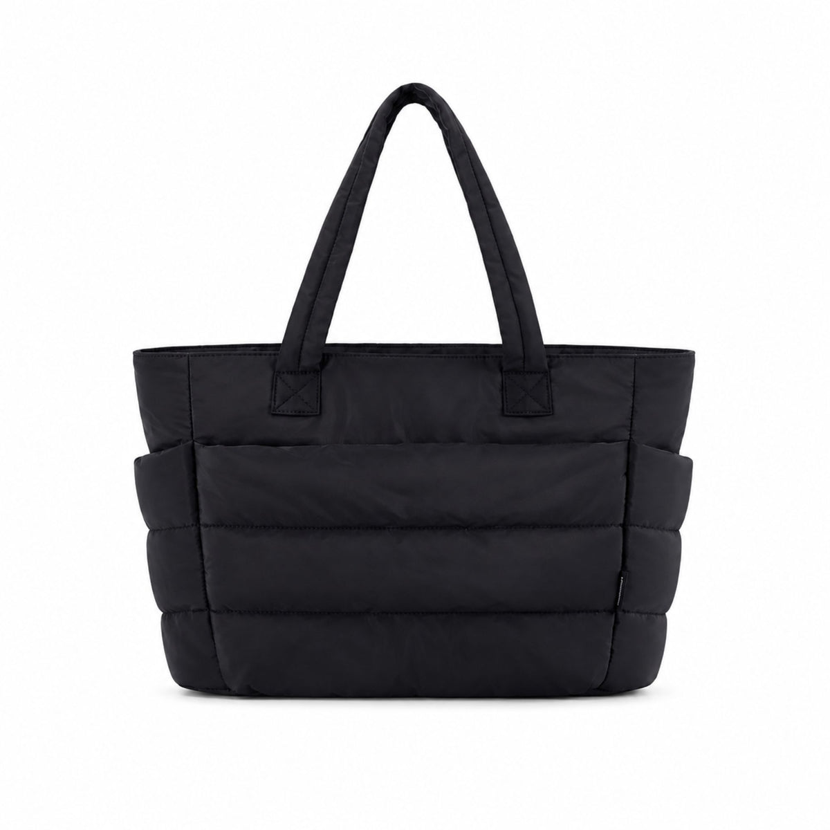A black puffer-style tote bag with horizontal quilted baffles and two top handles, shown against a plain white background.