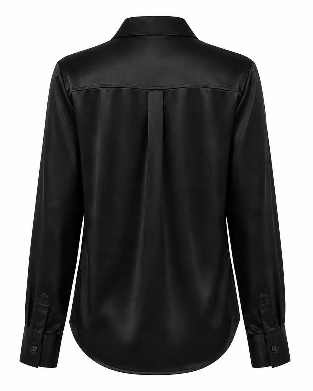 A black long-sleeve satin blouse shown from the back, featuring a collar, a central back pleat, and buttoned cuffs, displayed on a clean white background.