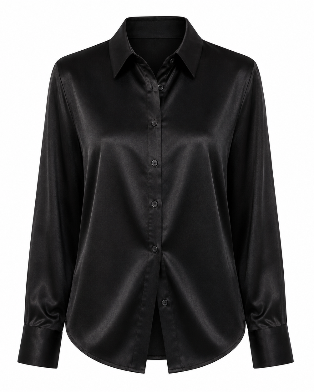 A black satin button-down shirt with a pointed collar, long sleeves, and a subtle sheen, shown against a plain white background.