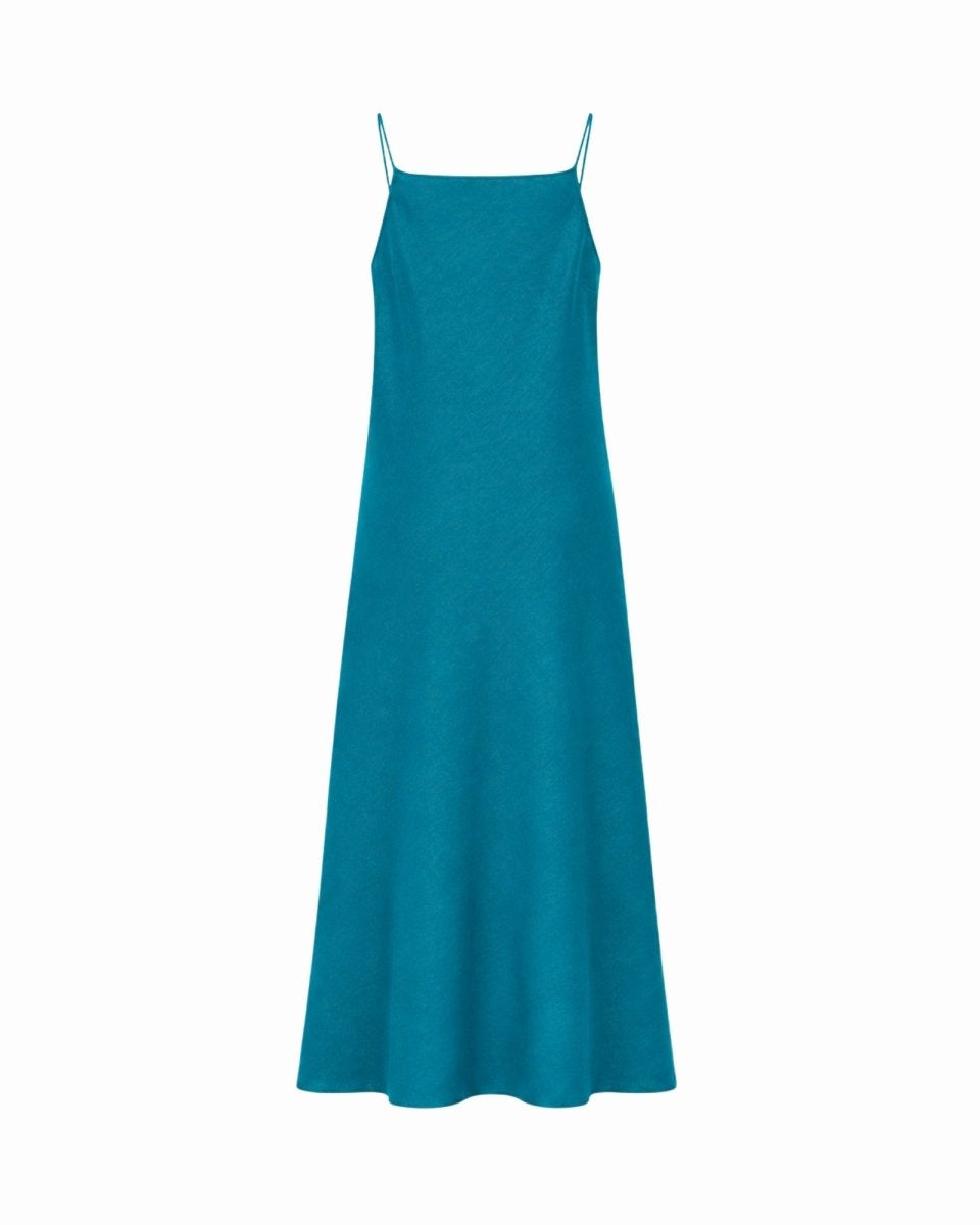 A teal blue slip dress with thin spaghetti straps, shown against a plain white background.