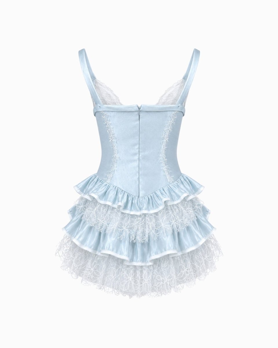 Back flatlay of the Ondara Blue Satin Corset Mini Dress displaying the expert craftsmanship of the flexible boning and delicate satin bow.