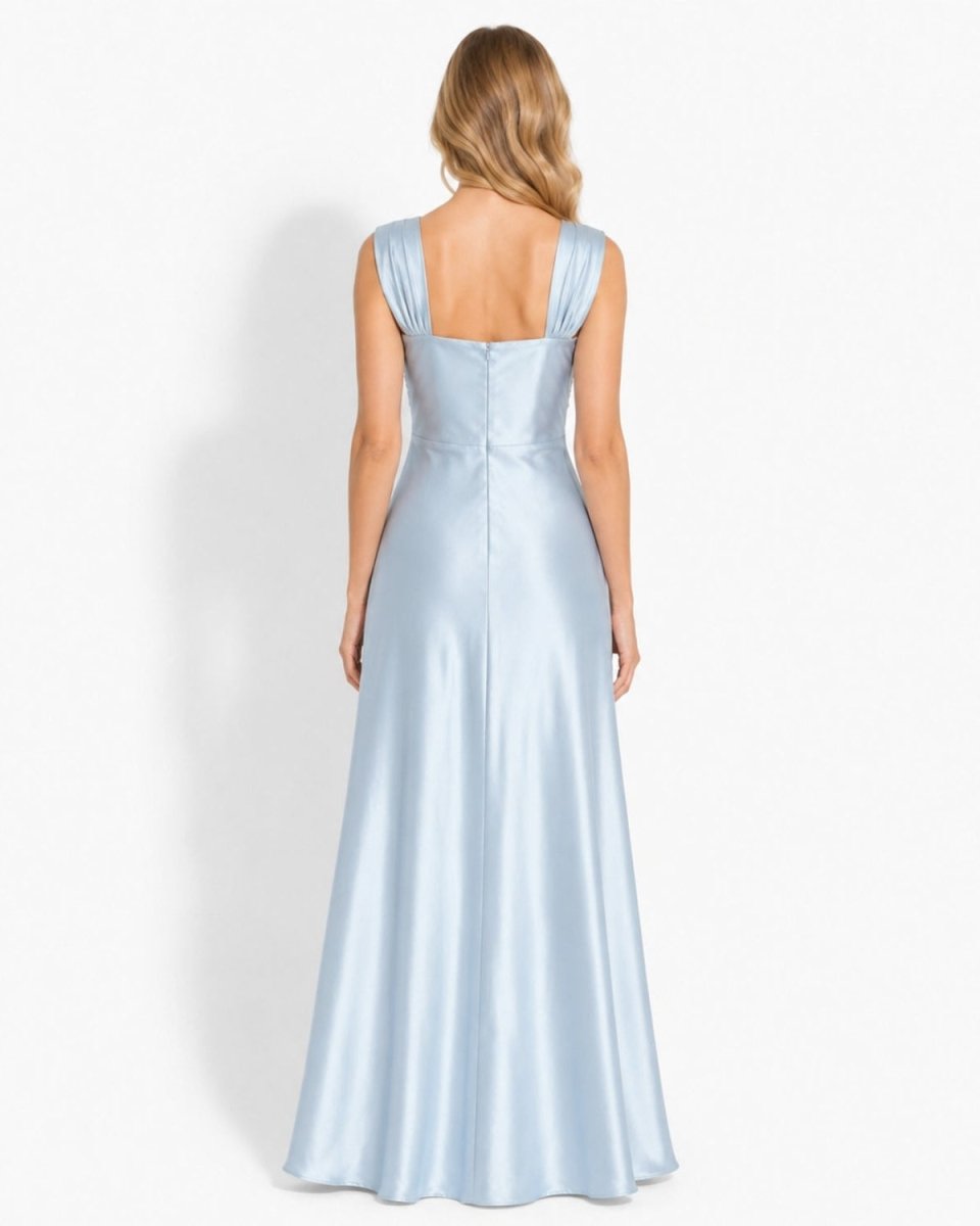 Back view of the Ondara light blue satin evening gown, showcasing the seamless concealed back zipper and elegant wide ruched straps.