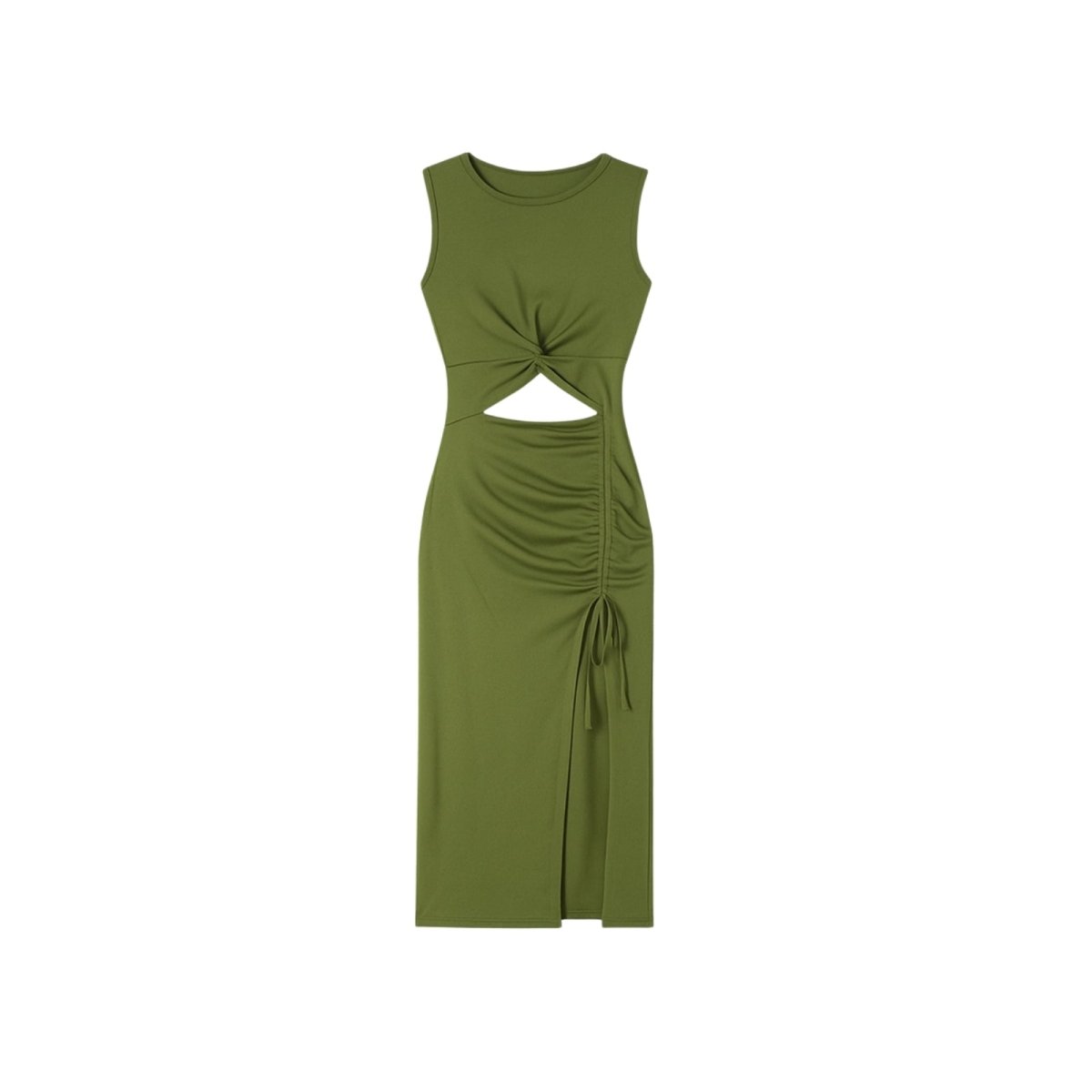 Green dress with cut-out design on a white background