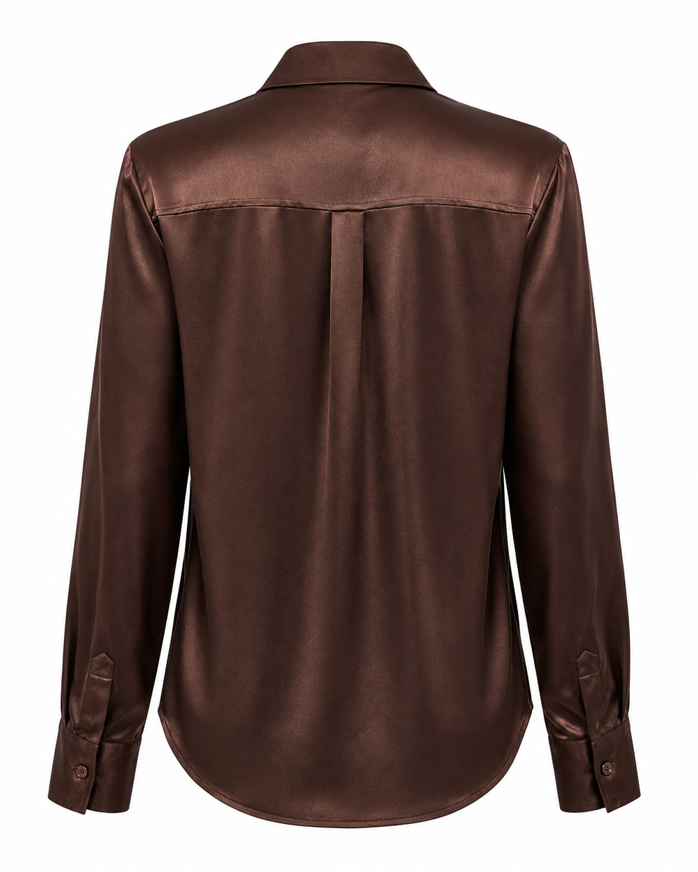 A brown satin button-down shirt shown from the back, featuring a smooth, glossy texture and a central pleat detail, set against a plain white background.