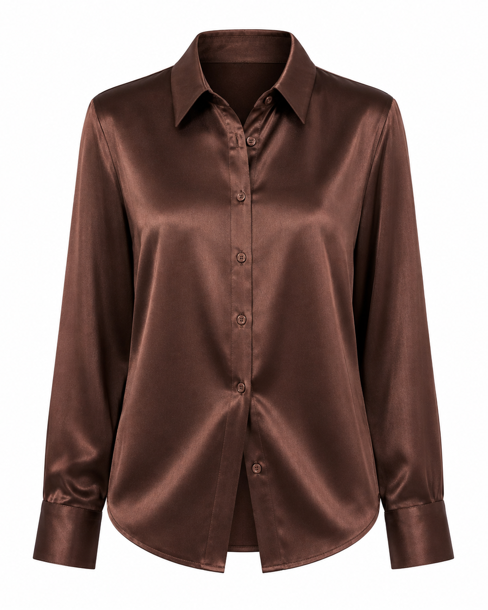 A long-sleeve satin button-up shirt in a rich chocolate brown color, displayed on a clean white background.