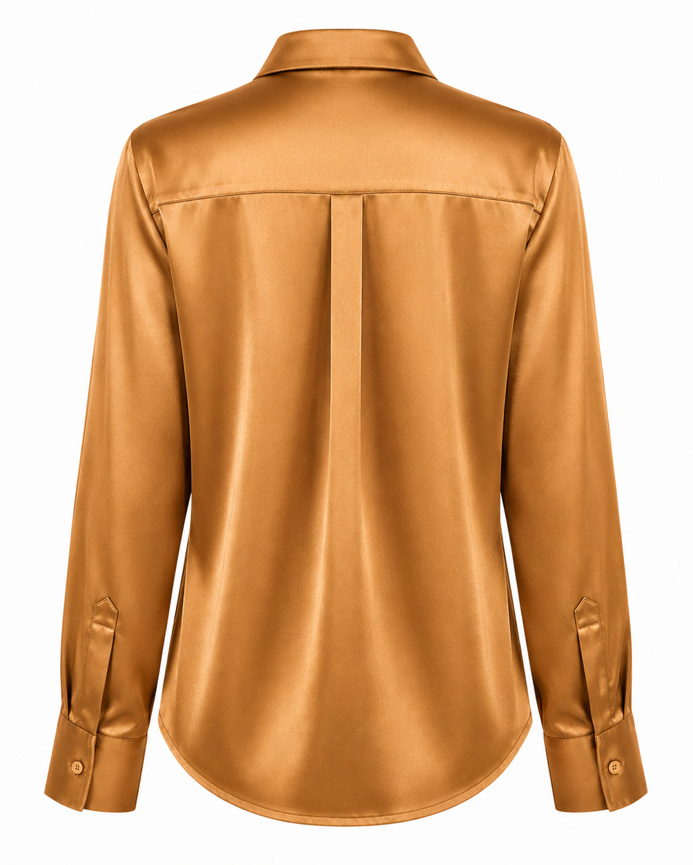 A long-sleeve satin button-down shirt shown from the back, in a warm golden-brown color, on a solid white background.