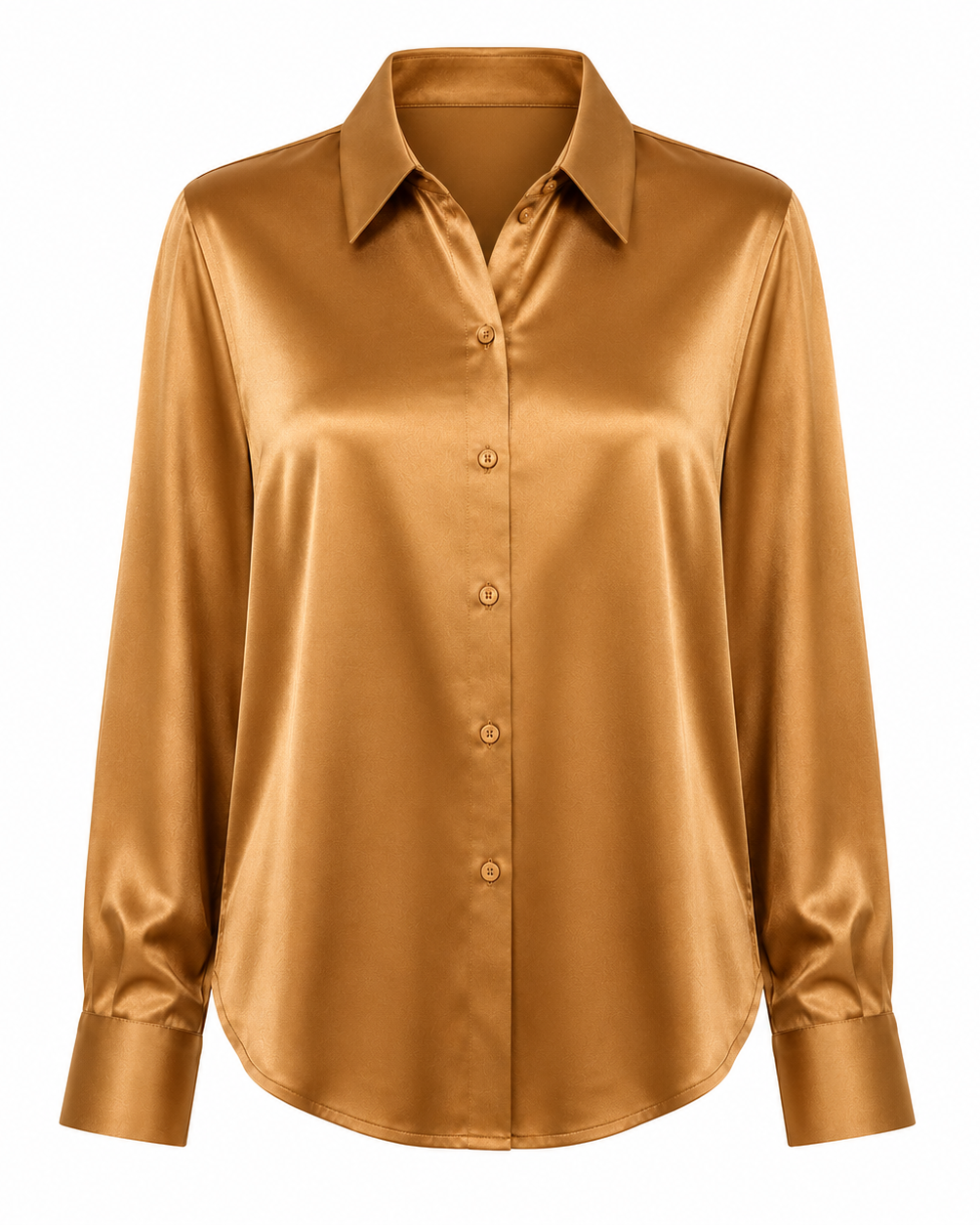 A long-sleeve satin button-up shirt in a warm golden-brown color, displayed on a clean white background.