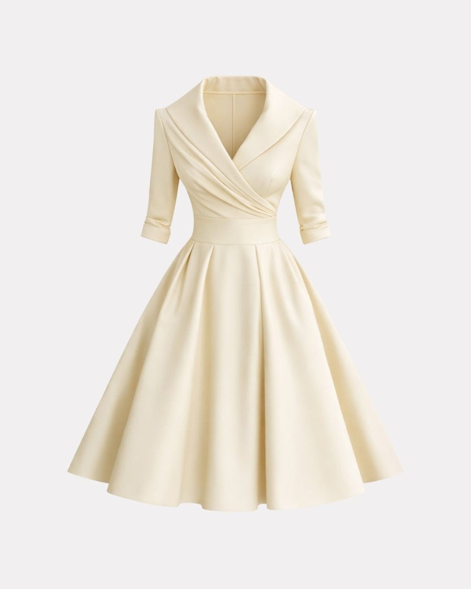 Beige dress with a V-neckline and short sleeves on a white background