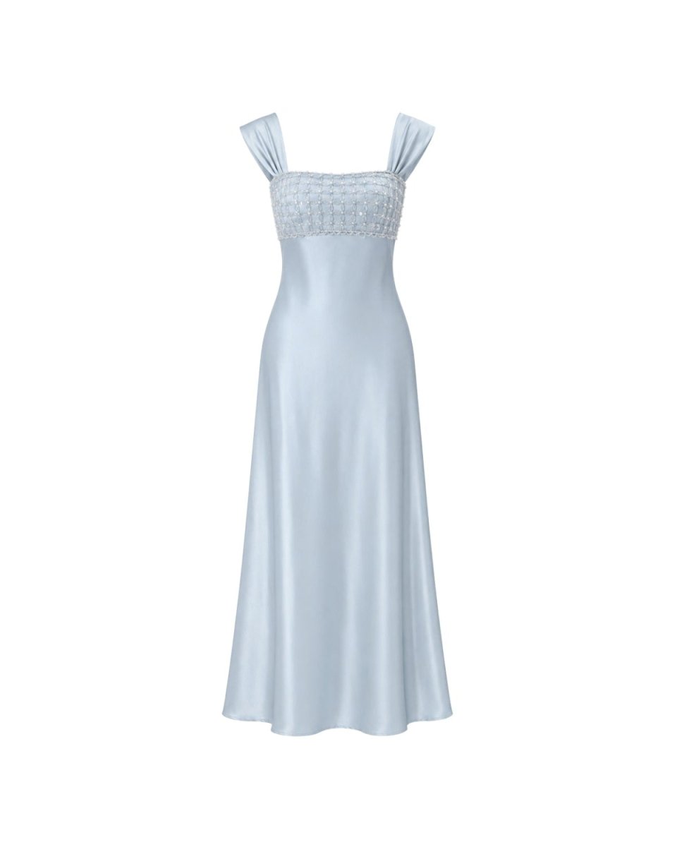 Front flat lay product shot of the Ondara ice blue satin formal gown, detailing the square neckline, beaded bodice, and pleated thick straps against a white background.