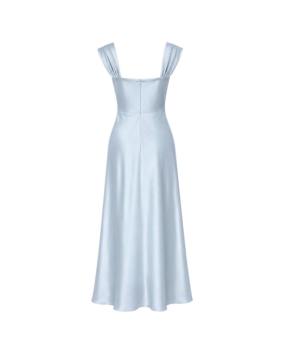 Back flat lay product shot of the Ondara light blue satin maxi dress, displaying the tailored waistline, hidden zipper, and floor-sweeping hemline.