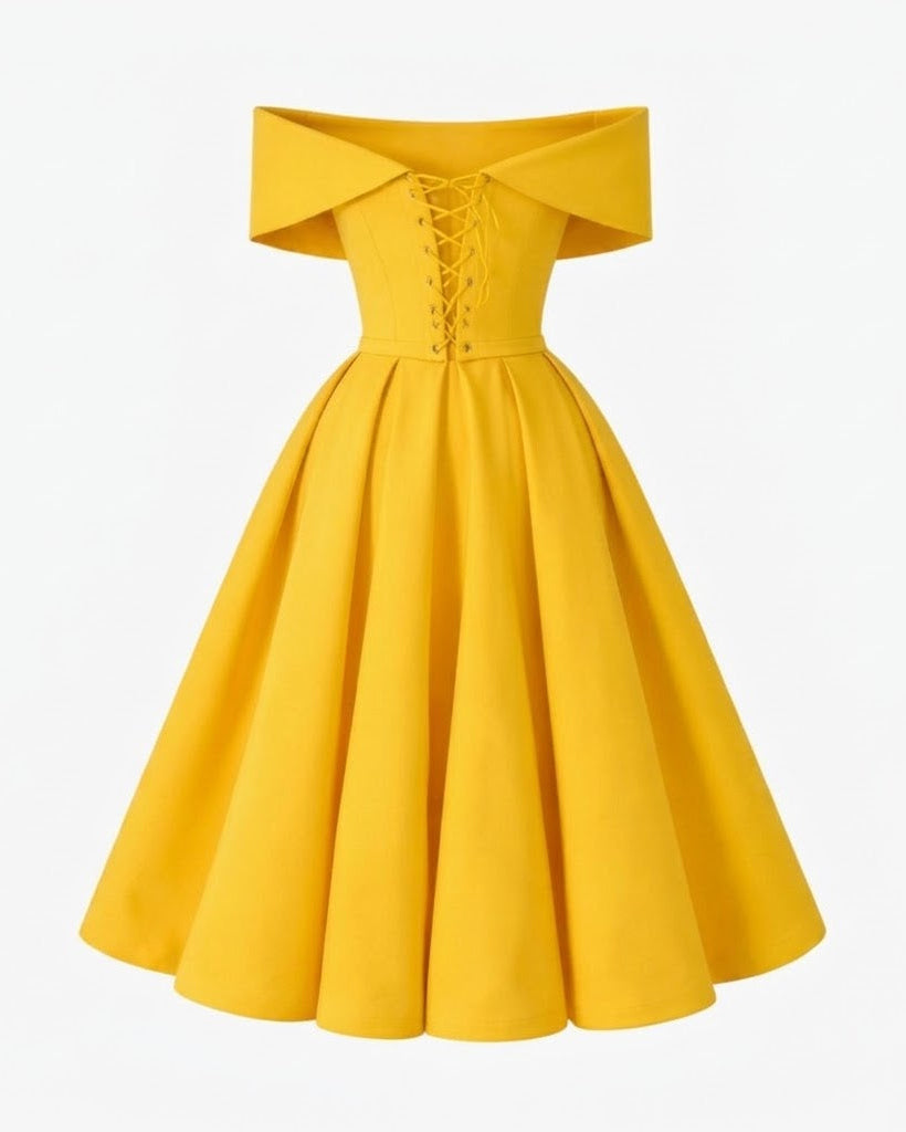 A bright yellow off-the-shoulder dress with a structured lace-up corset bodice and a full flared skirt, shown on a plain light gray background.