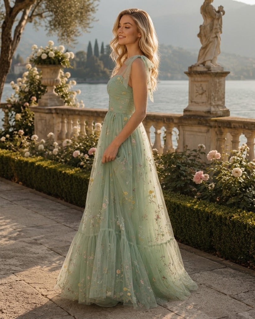 A woman stands outdoors by a lake beside a stone balustrade and flowerbeds, wearing a sleeveless, floor-length mint green gown with floral embroidery and a tiered tulle skirt.