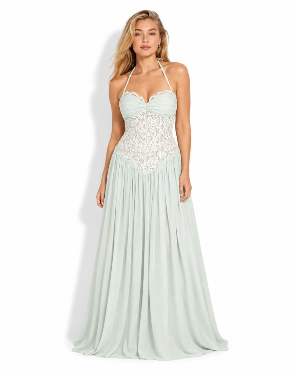 Mint green lace corset pleated maxi dress by Ondara with a vintage-inspired basque waistline, halter neck, and flowy chiffon fabric.