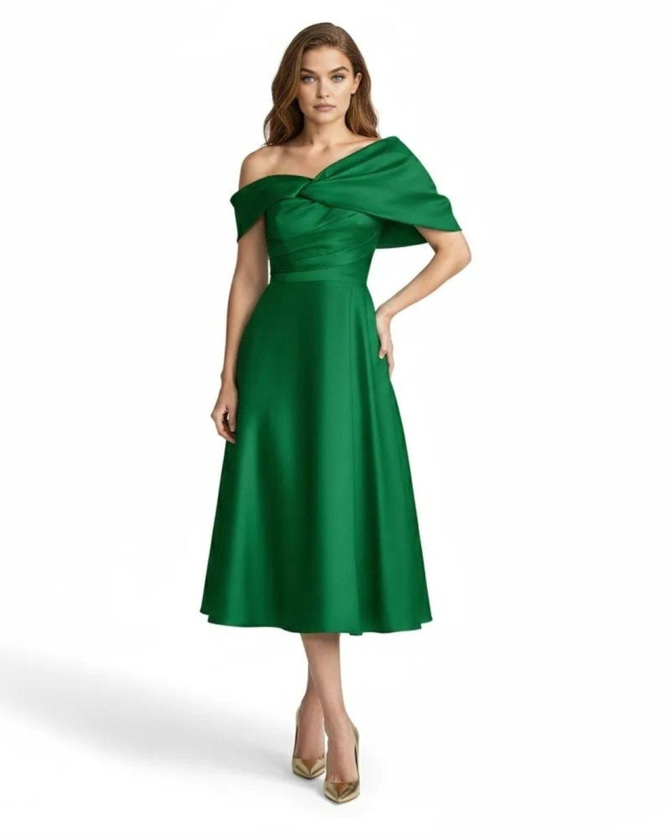 Front view of Ondara luxury emerald green satin off-shoulder midi cocktail dress on model.