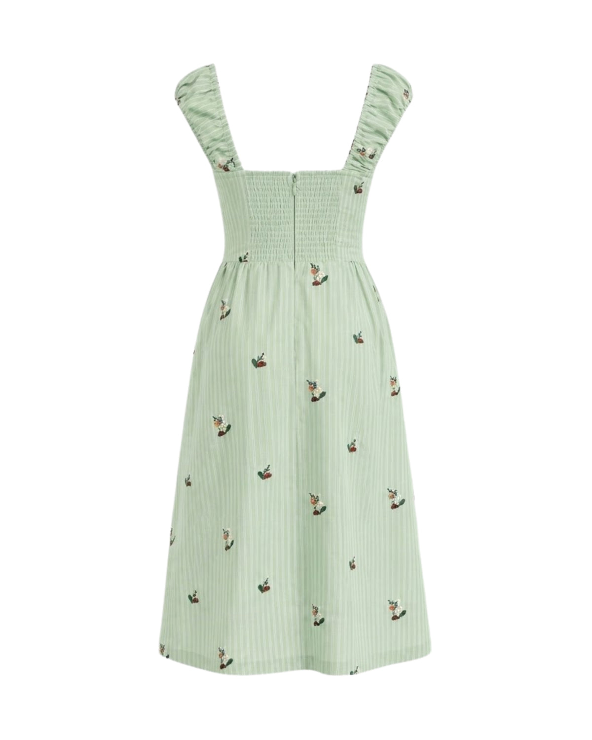 Back flat lay view of green pinstripe floral embroidered corset midi dress showing detailed stitching and tie-front.