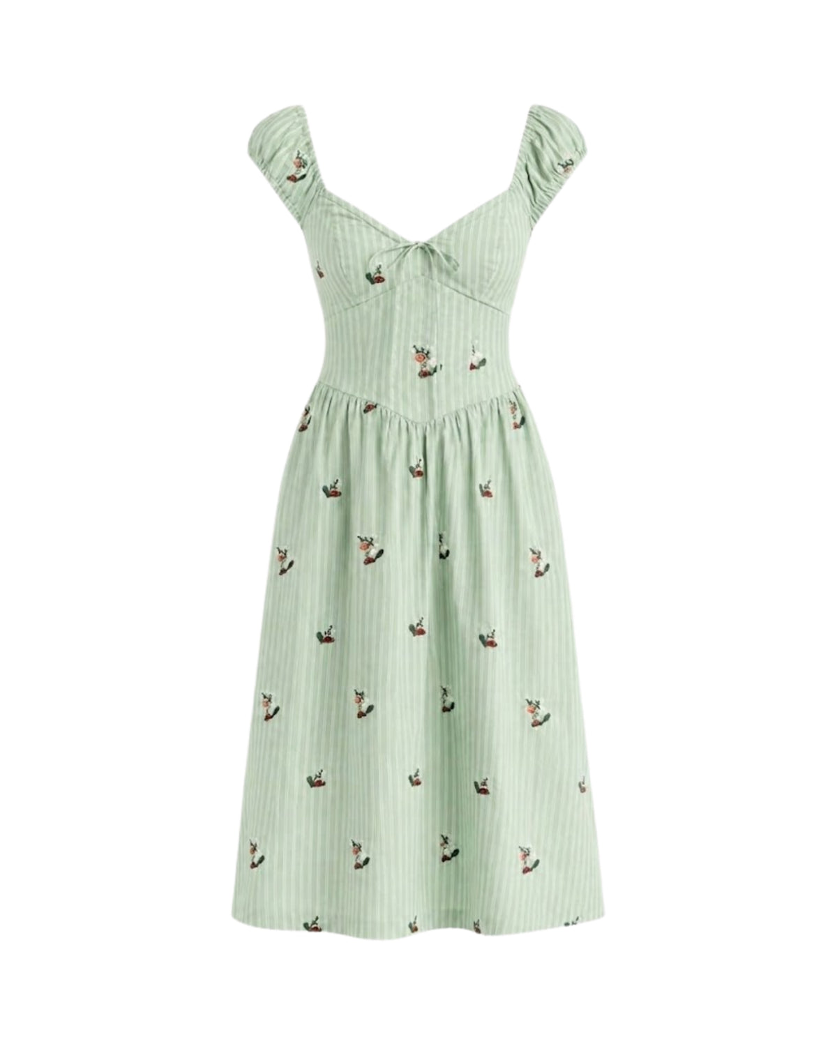 Front flat lay view of green pinstripe floral embroidered corset midi dress showing detailed stitching and tie-front.