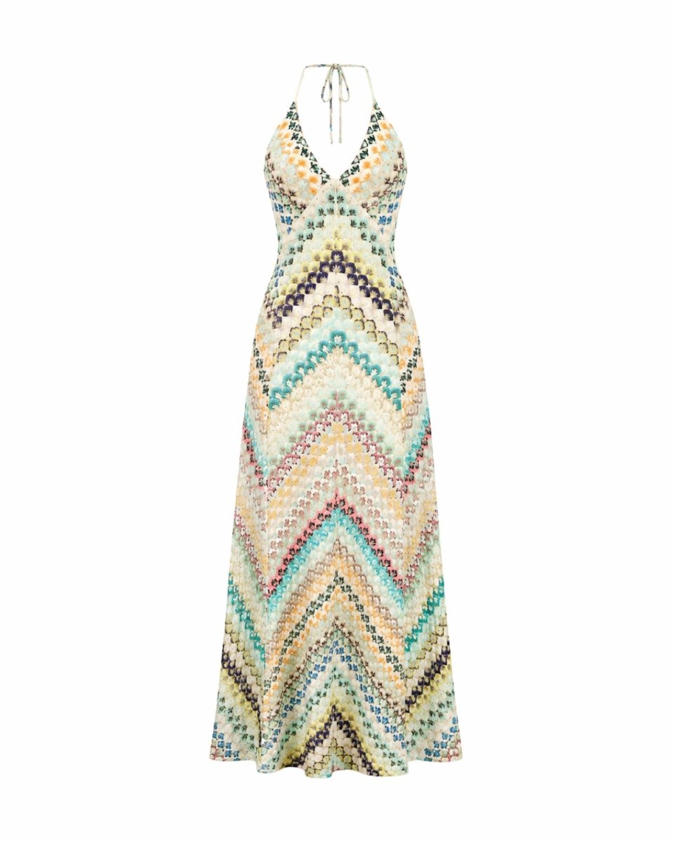 Flat lay product photography of the Ondara ivory multicolor chevron knit sleeveless maxi dress.