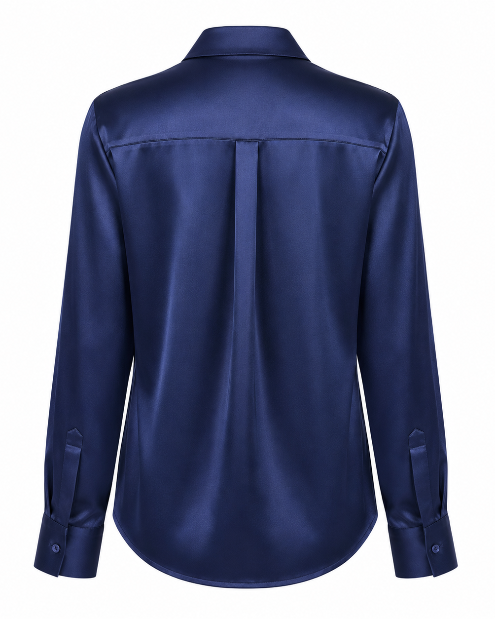 A dark blue satin long-sleeve blouse shown from the back, featuring a center back pleat and buttoned cuffs, set against a plain white background.