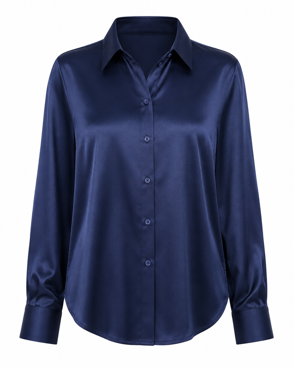 A dark navy blue satin button-down shirt with a pointed collar and long sleeves, shown against a plain white background.