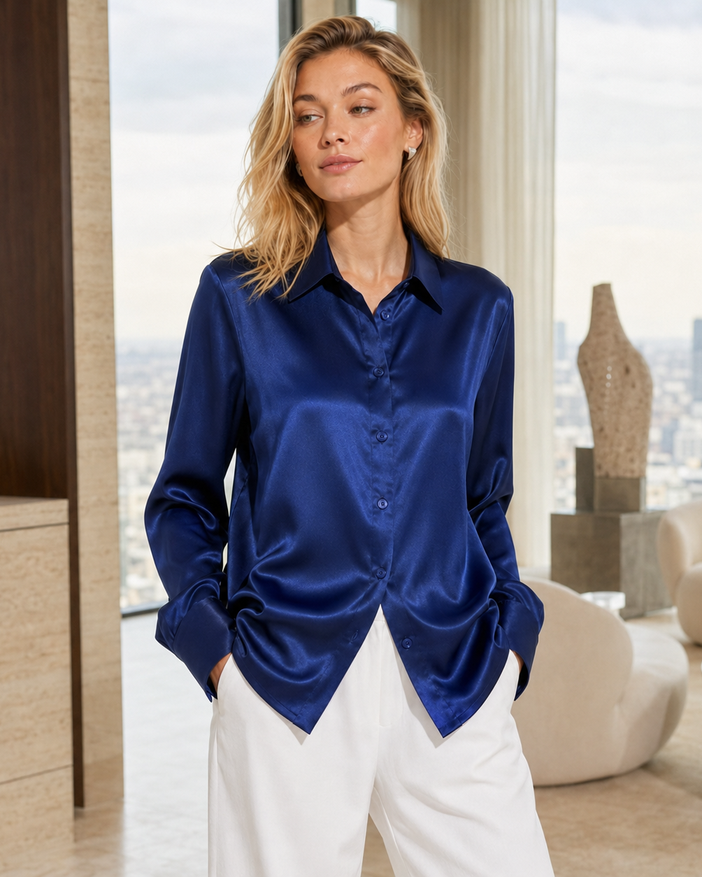 A woman wearing a shiny royal blue satin button-up shirt and white trousers, standing in a modern room with a city view through large windows.