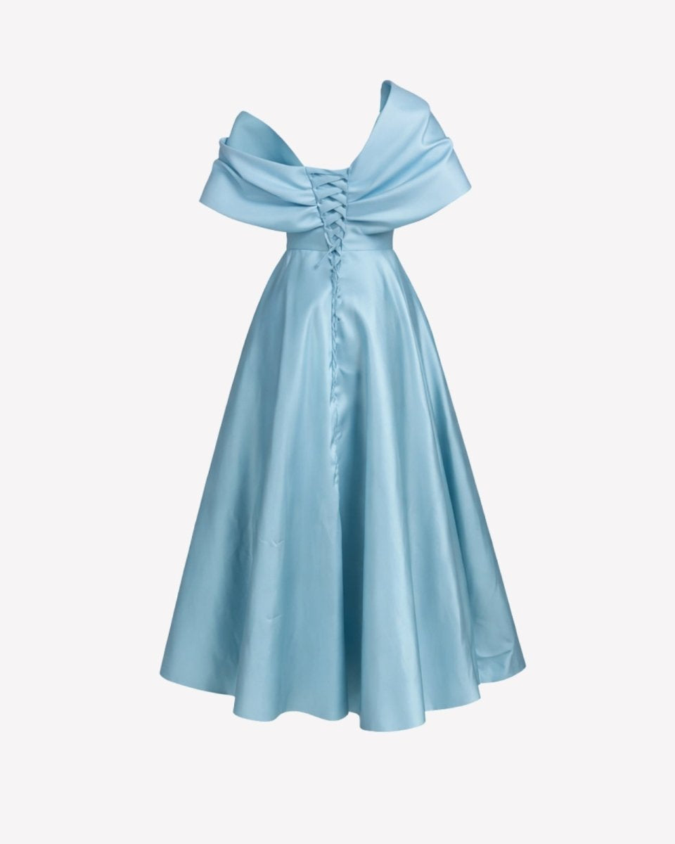 Product shot of the lace-up corset back detail on the light blue satin dress.