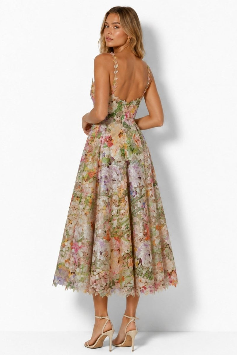 Back view of Ondara corset lace midi dress featuring delicate leaf straps and hidden zipper