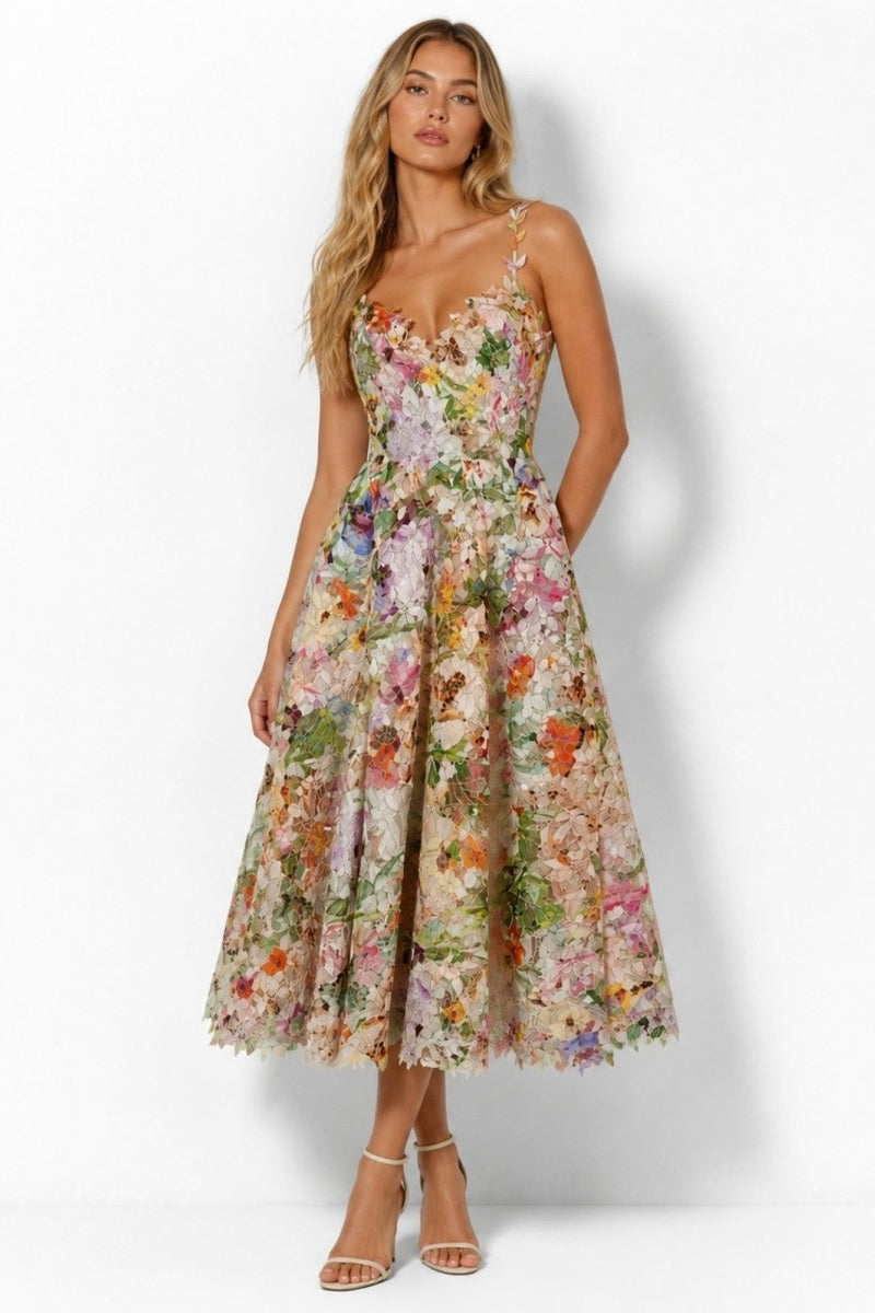 Ondara luxury 3D floral applique lace midi dress with sweetheart corset front view