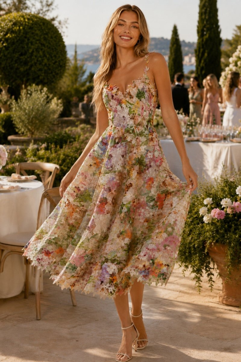 Woman wearing Ondara pastel floral applique midi dress at an outdoor luxury wedding
