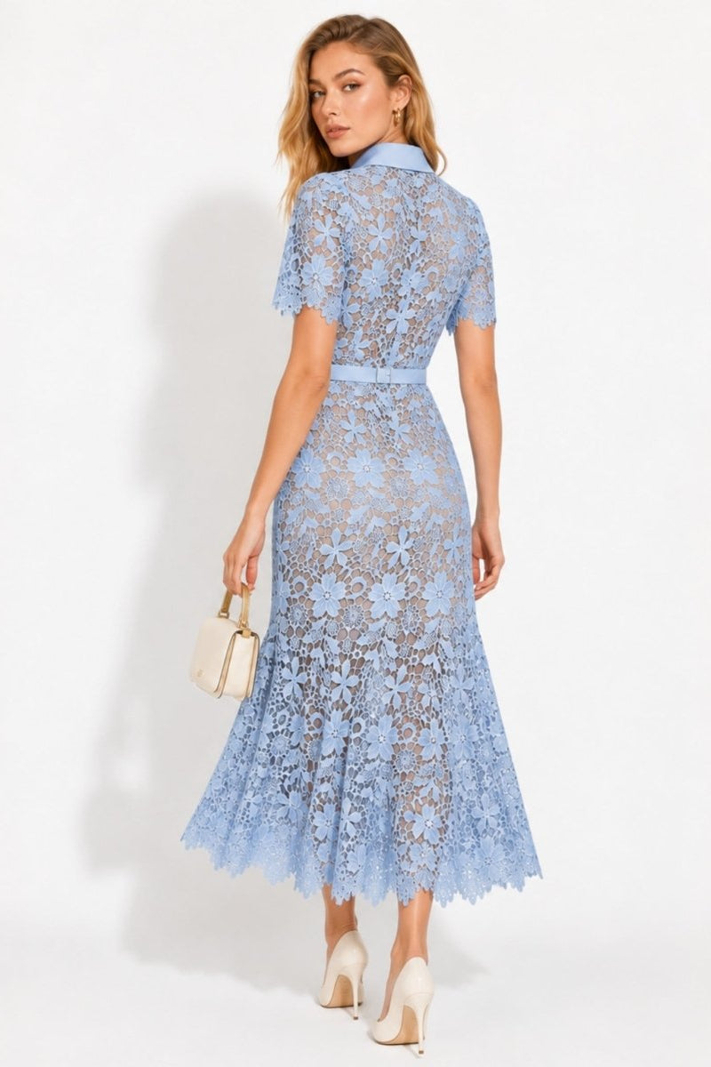 Back profile view of model wearing Ondara powder blue guipure lace midi dress