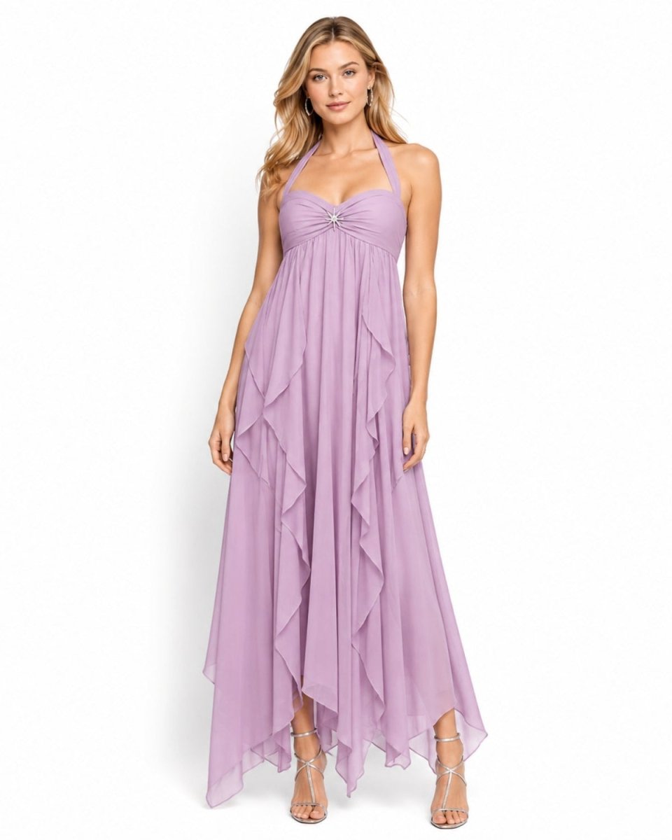 Woman modeling the Ondara luxury lilac purple halter Grecian maxi dress featuring a crystal starfish detail and ruffled chiffon skirt.