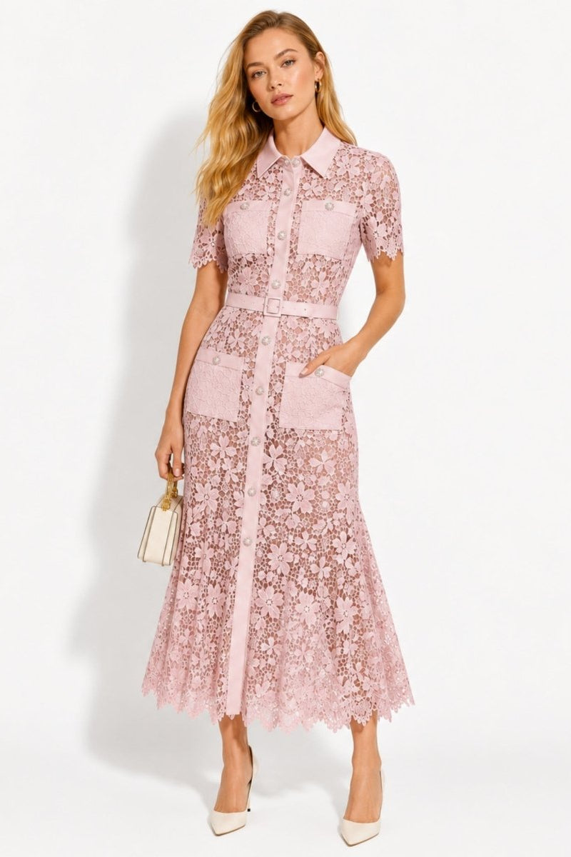 Front view of model wearing Ondara pink floral guipure lace shirt midi dress with belt and ivory heels