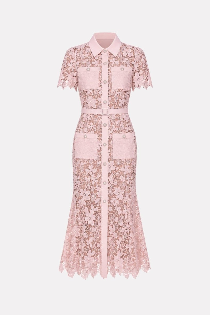 Ondara pink floral guipure lace button-down shirt midi dress product display on plain background