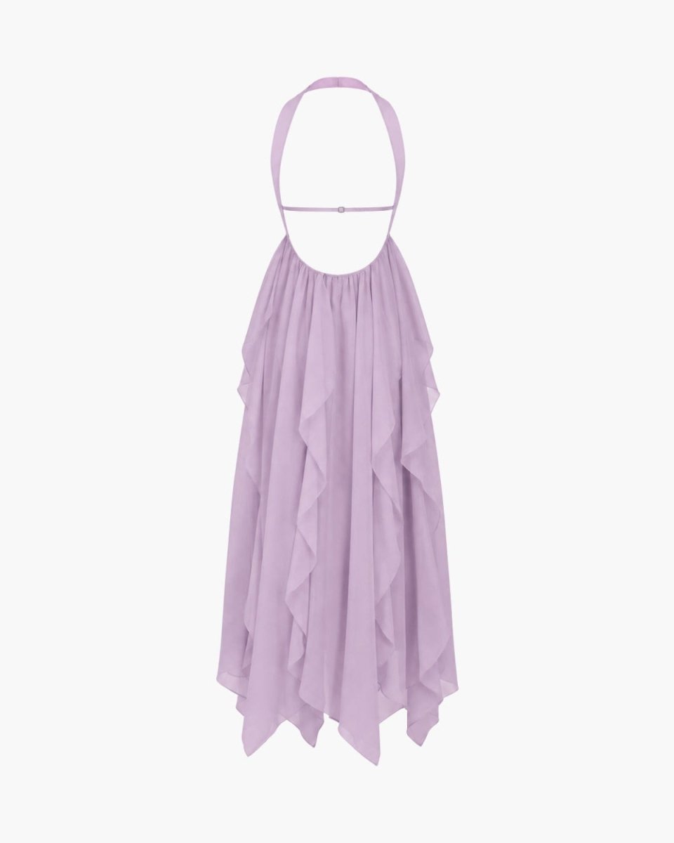 Back view ghost mannequin shot of the Ondara purple designer maxi dress highlighting the halter tie and open back.