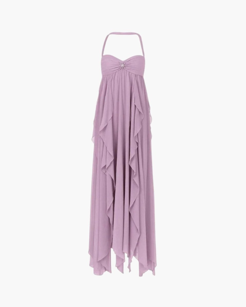 Front view ghost mannequin shot of the Ondara purple chiffon halter neck formal gown.