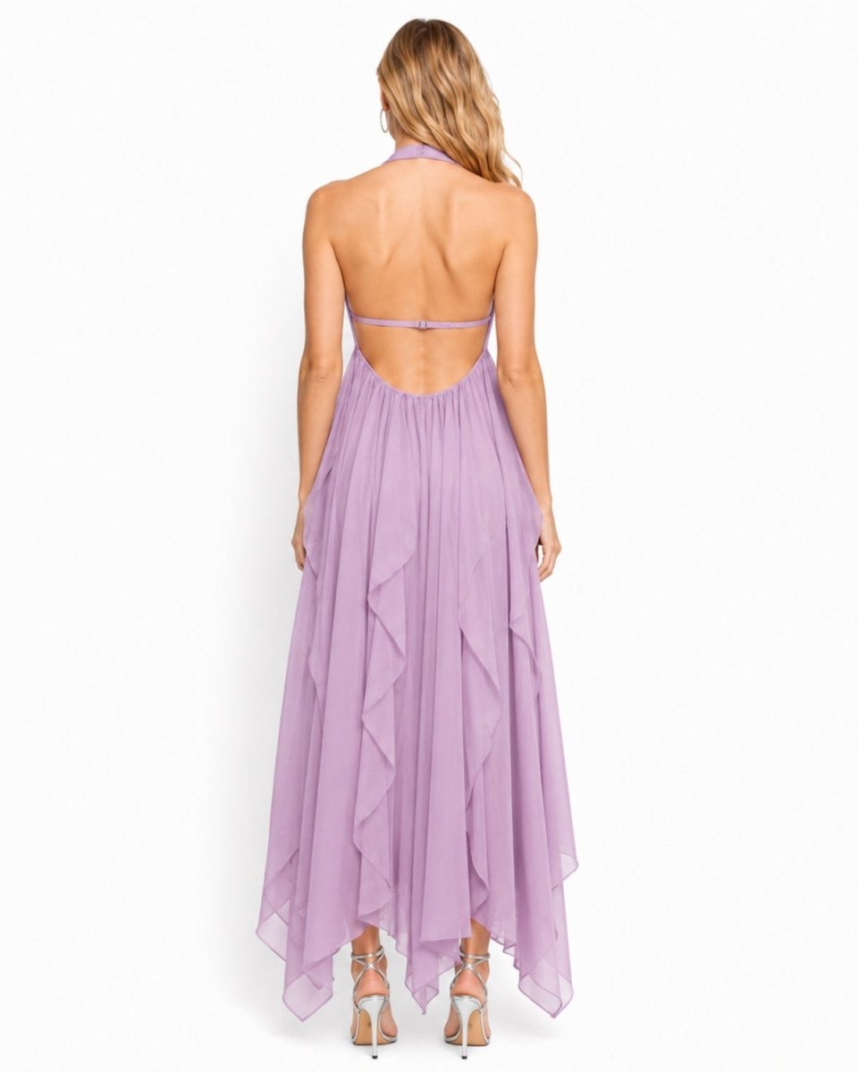 Back view of the Ondara lilac luxury maxi dress showcasing the adjustable back strap and cascading ruffled skirt.