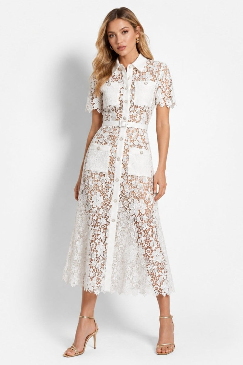 Ondara white floral lace midi shirt dress with short sleeves, collar, front pockets, and belt worn by model