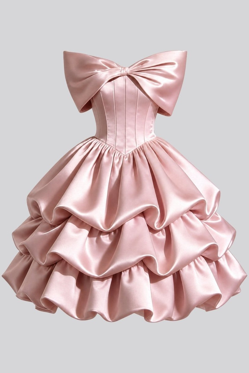 Front flatlay view of the Ondora Cosette pink satin off the shoulder corset mini dress with an off-shoulder bow bodice and tiered bubble skirt.